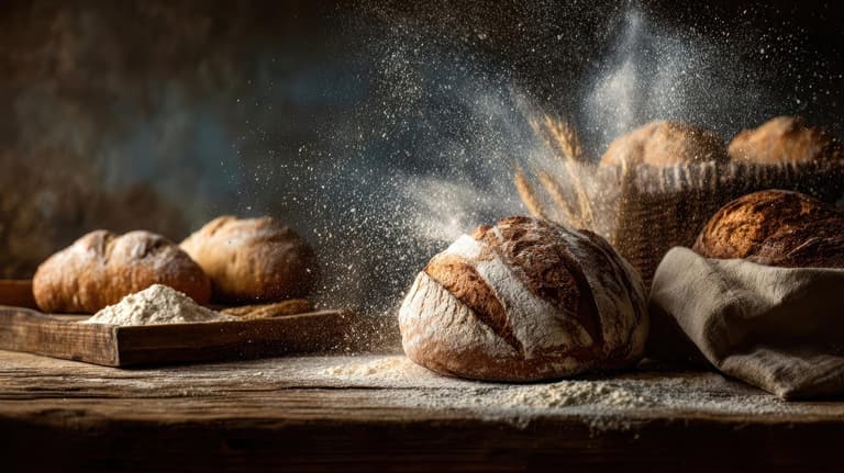 Fresh bread loaves on a wooden board
