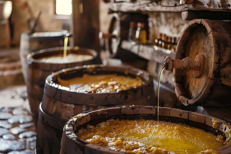 Honey fermenting in wooden barrels